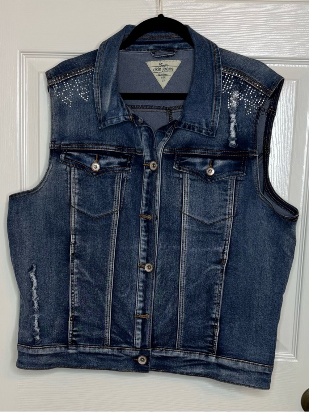 dkni Jeans Sleeveless Dark Blue Denim Vest with Stud Detail